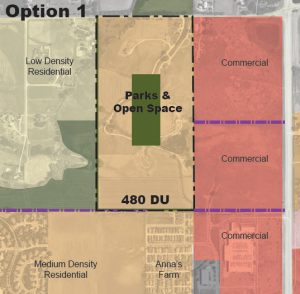 Other than meeting the minimum amount of dedi-cated open space and trail locations, the development team decides how the buildings and parks are laid out. This example looks at meeting the minimum Open Space and trail requirement, with the rest of the development dedicated to 480 dwelling units.
